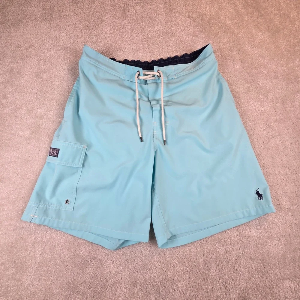 Polo Ralph Lauren Mens Light Blue Cargo Swim Trunks Mesh Lined Size Large